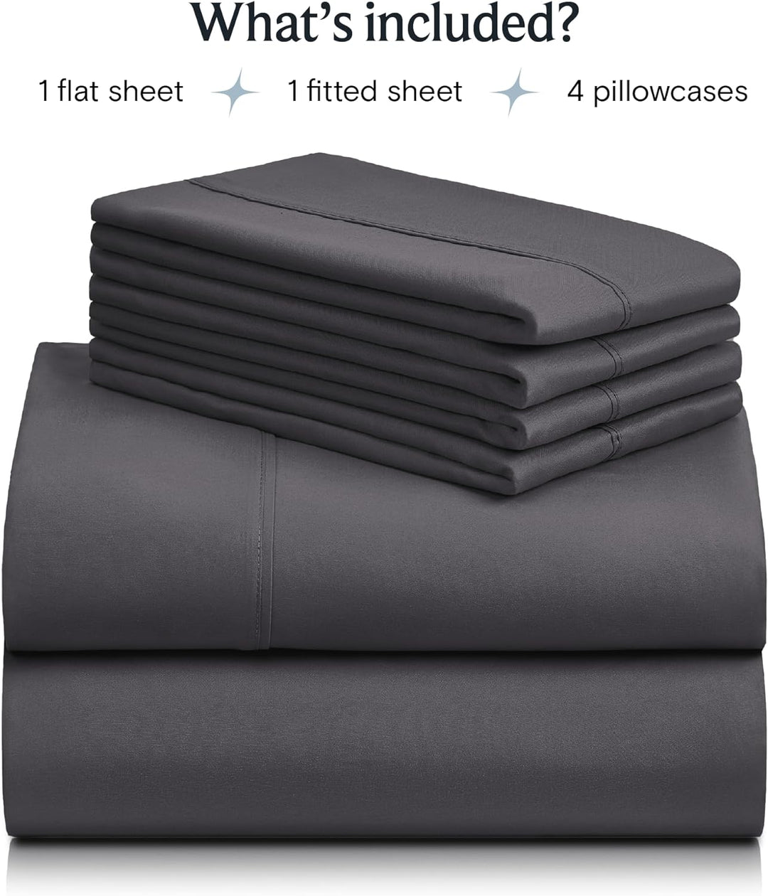 a stack of grey sheets with text: 'What's included? 1 flat sheet 1 fitted sheet 4 pillowcases'