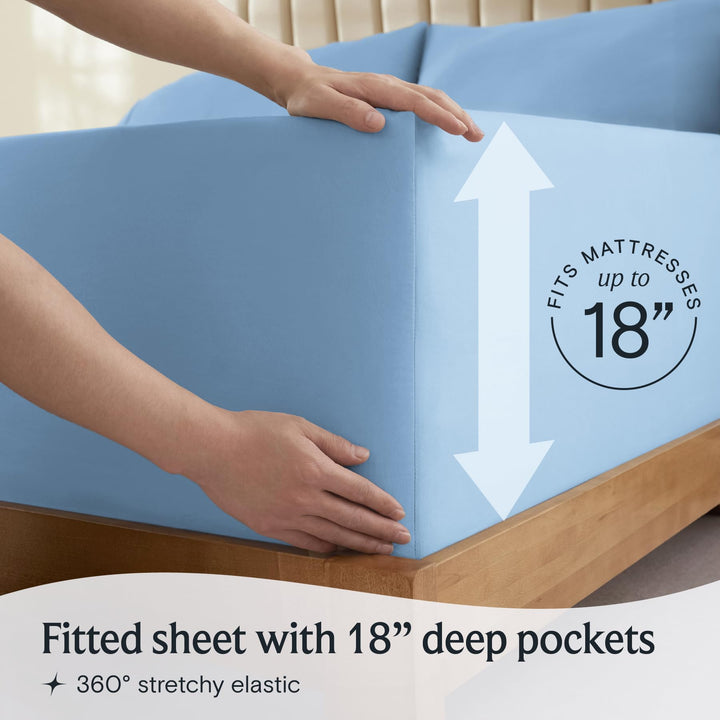 a person holding a mattress with text: 'RESSES 18 Fitted sheet with 18" deep pockets 360º stretchy elastic'