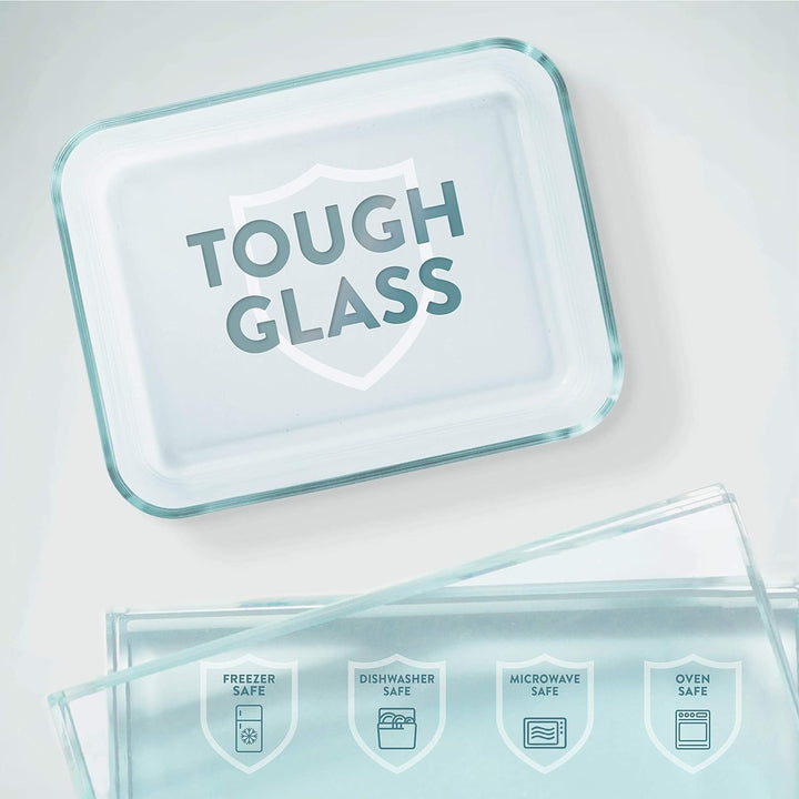 a glass container with a lid with text: 'TOUGH GLASS FREEZER DISHWASHER SAFE MICROWAVE SAFE OVEN SAFE SAFE'