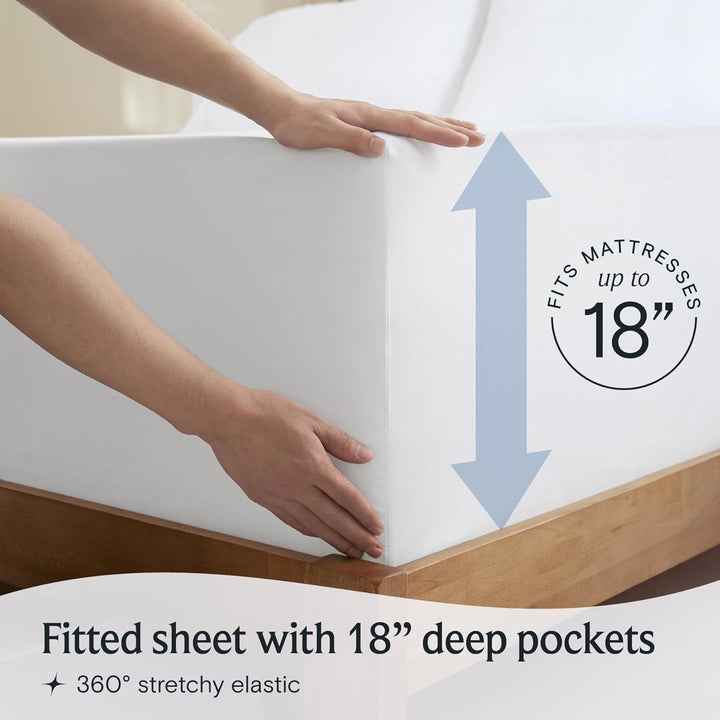 a person's hands holding a mattress with text: 'to ITS 18 Fitted sheet with 18" deep pockets 360º stretchy elastic'