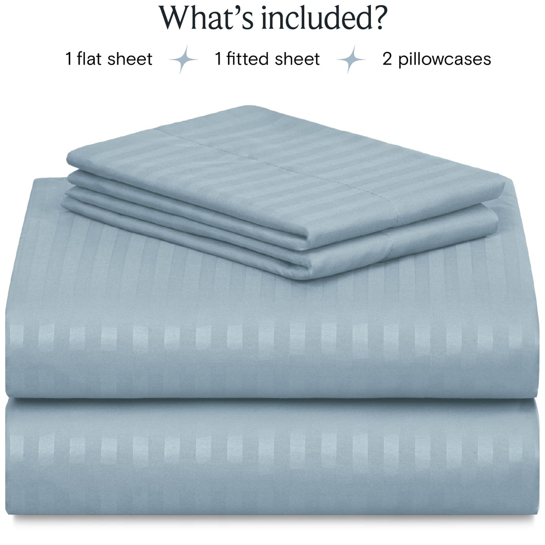a stack of bed sheets with text: 'What's included? 1 flat sheet 1 fitted sheet 2 pillowcases'