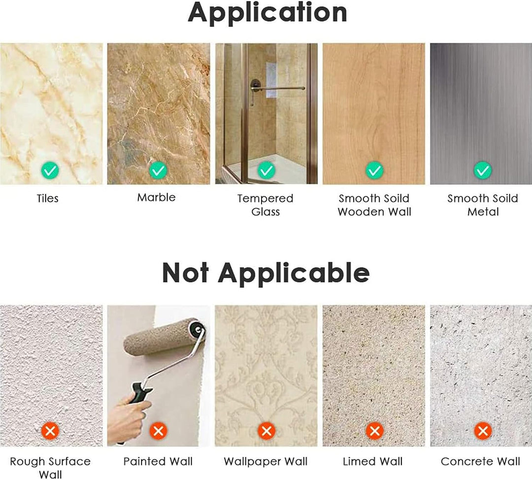 a collage of different types of wallpaper with text: 'Application V Tiles Marble Tempered Smooth Soild Smooth Soild Glass Wooden Wall Metal Not Applicable X Rough Surface Painted Wall Wallpaper Wall Limed Wall Concrete Wall Wall'