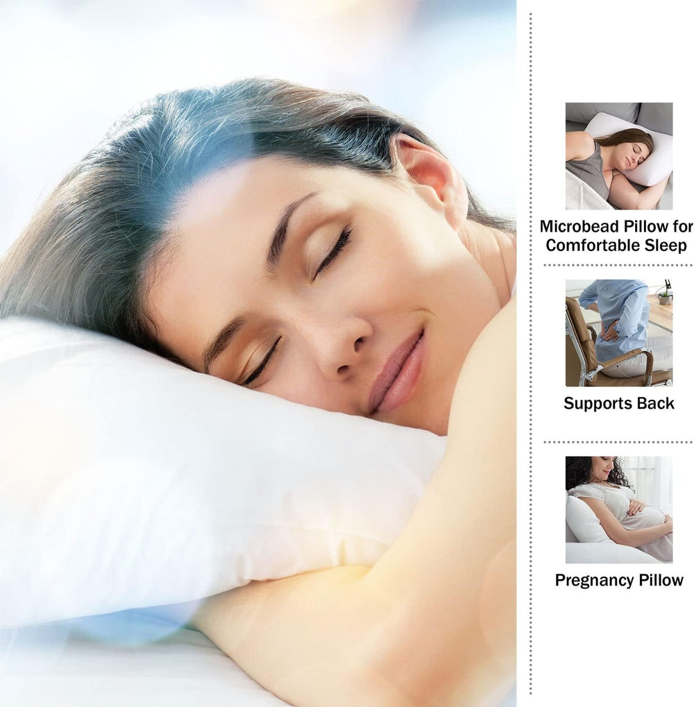 a person sleeping on a pillow with text: 'Microbead Pillow for Comfortable Sleep Supports Back Pregnancy Pillow'