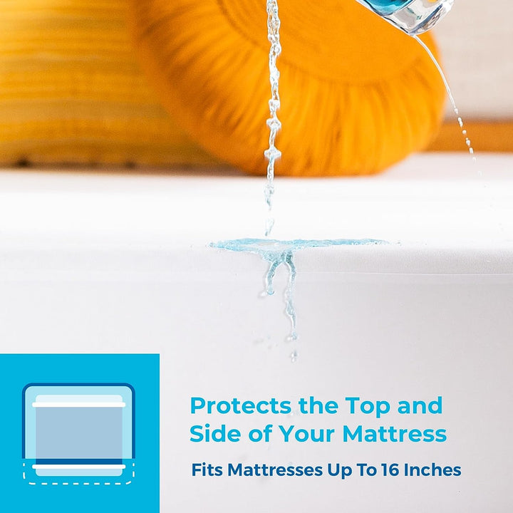 a close up of a liquid with text: 'Protects the Top and Side of Your Mattress Fits Mattresses Up To 16 Inches'
