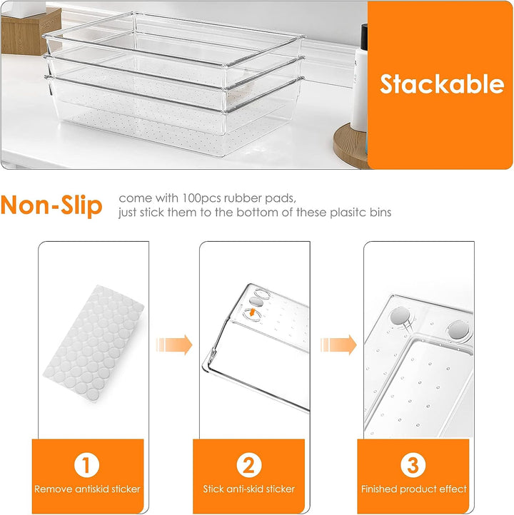 a close-up of a stackable tray with text: 'Stackable Non-Slip come with 100pcs rubber pads, just stick them to the bottom of these plasitc bins 0 1 2 3 Remove antiskid sticker Stick anti-skid sticker Finished product effect'
