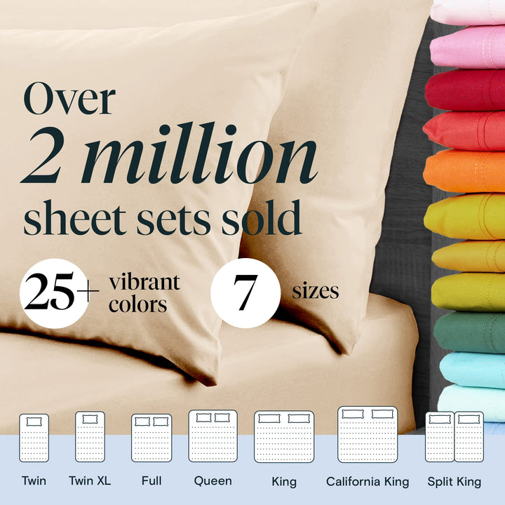 a stack of colorful pillows with text: 'Over 2 million sheet sets sold 25 vibrant 7 sizes colors ................... ......... . .... ................... ......... ........ ....... ..... ......... ................... ....... . . . ......... .... ........... ..... .... ......... ......... ......... ........... .......... ...... ................... ..... ......... ..... ......... .... .... ......... . ..... . . . . . ..... . . . .. ..... . . .... . . . ......... . . ................. . . . . .. .. .... Twin T