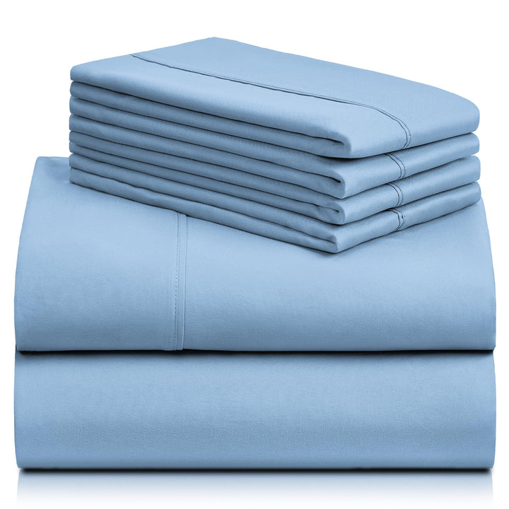 a stack of blue sheets