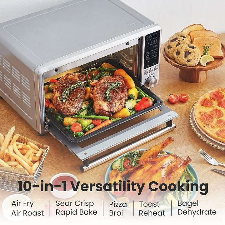 a food in a microwave oven with text: '20:00 500 LIGHT FUNCTION 10-in-1 Versatility Cooking Air Fry Sear Crisp Pizza Toast Bagel Air Roast Rapid Bake Broil Reheat Dehydrate'