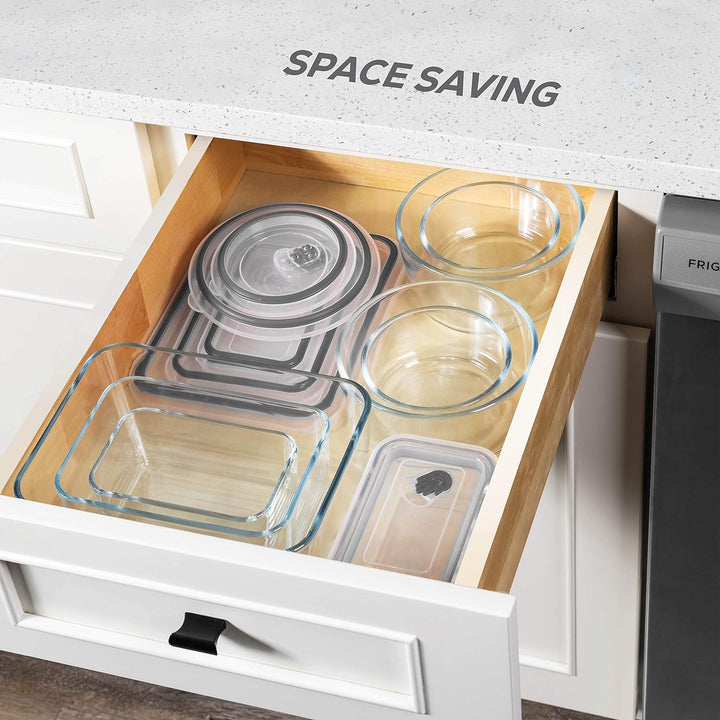 a drawer with glass containers in it with text: 'SPACE SAVING FRIG'
