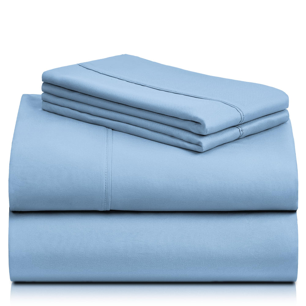 a stack of blue sheets