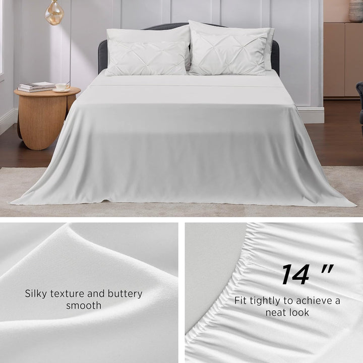 a bed with white sheets and pillows with text: '14 " Silky texture and buttery smooth Fit tightly to achieve a neat look'