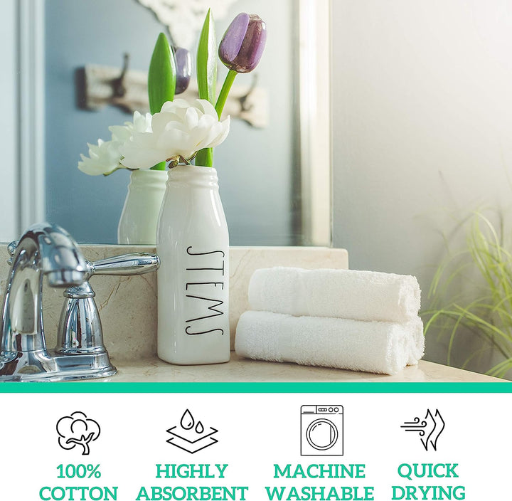 a white vase with flowers and towels on a counter with text: 'STEMS 100% HIGHLY MACHINE QUICK COTTON ABSORBENT WASHABLE DRYING'