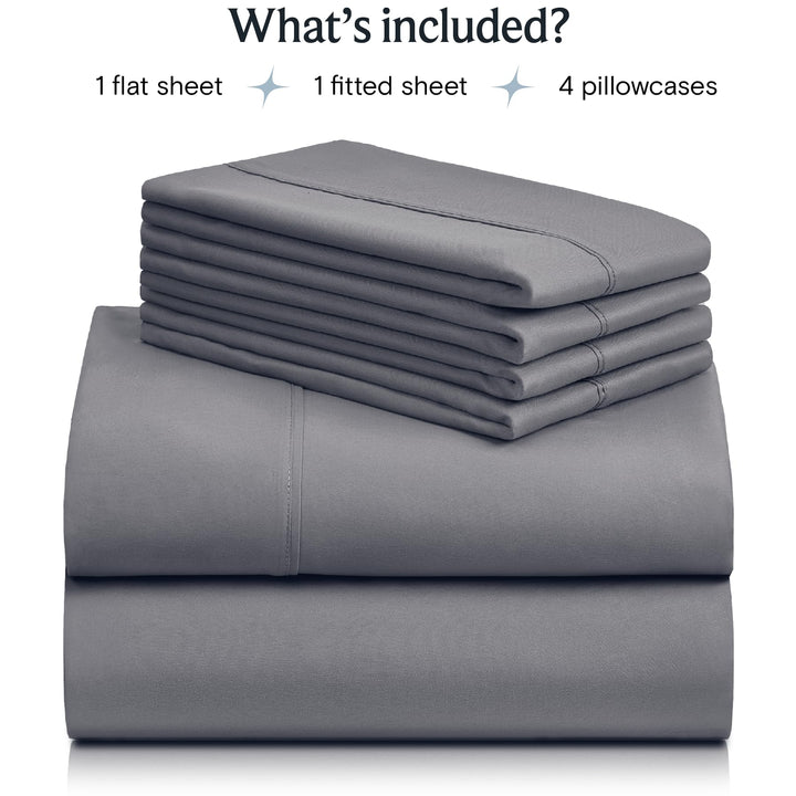 a stack of grey sheets with text: 'What's included? 1 flat sheet 1 fitted sheet 4 pillowcases'