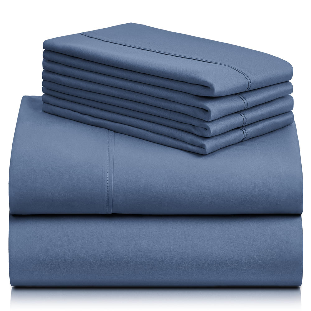 a stack of blue sheets