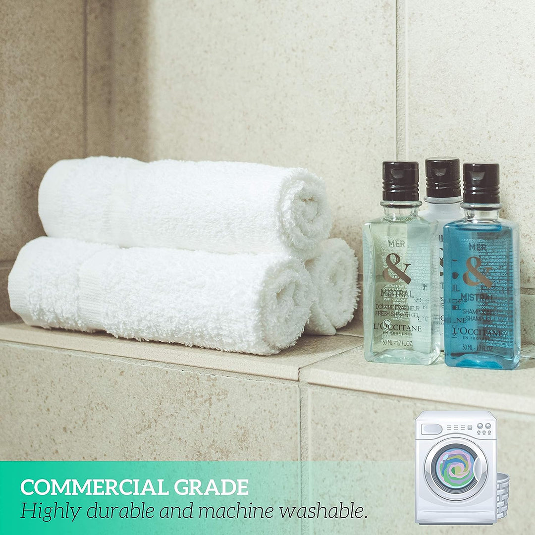 a group of towels and bottles on a shelf with text: 'MER & 中 OCCITANE 50 50 ML COMMERCIAL GRADE Highly durable and machine washable.'