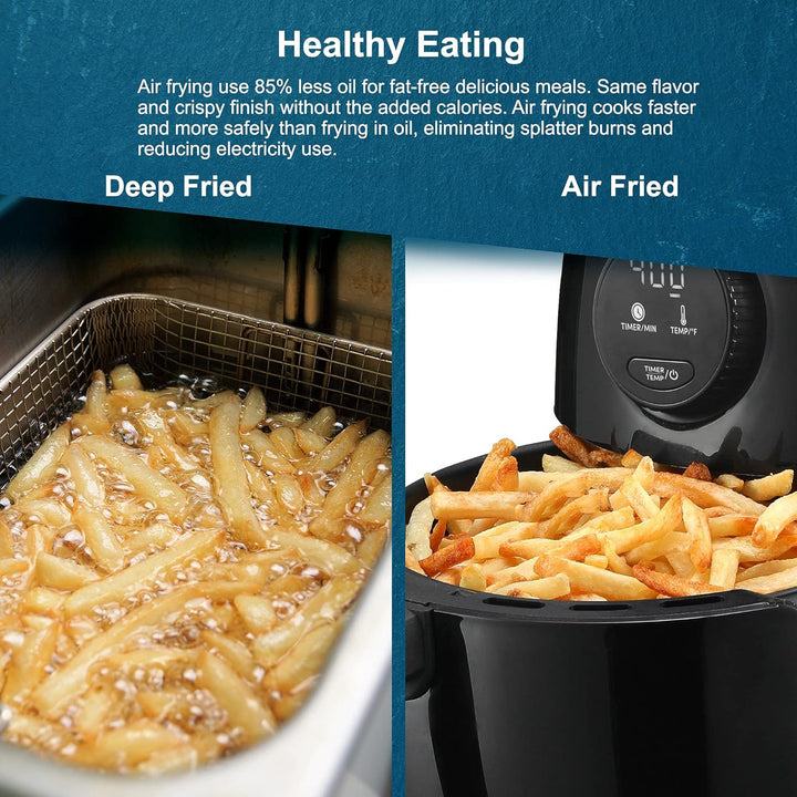 a collage of french fries in a deep fryer with text: 'Healthy Eating Air frying use 85% less oil for fat-free delicious meals. Same flavor and crispy finish without the added calories. Air frying cooks faster and more safely than frying in oil, eliminating splatter burns and reducing electricity use. Deep Fried Air Fried TIMER/MIN TIMER'