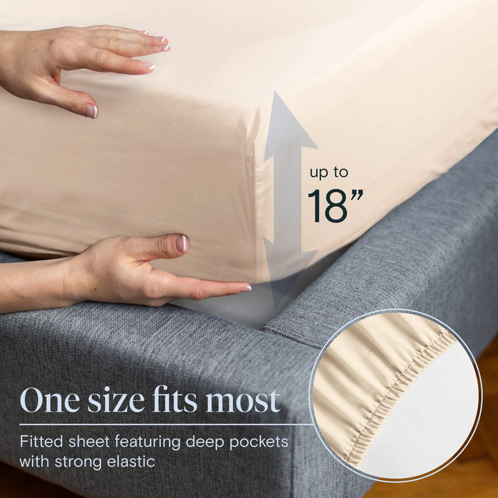 a person's hands touching a bed sheet with text: 'up to 18" One size fits most Fitted sheet featuring deep pockets with strong elastic'