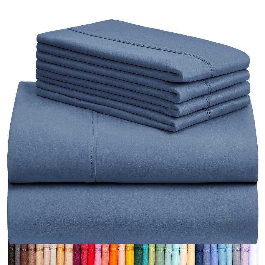 a stack of blue sheets