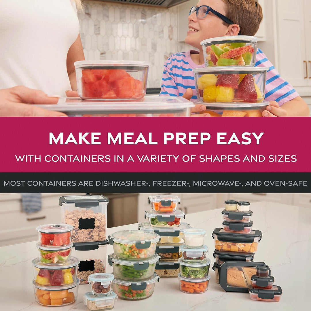 a person and child holding containers with text: 'MAKE MEAL PREP EASY WITH CONTAINERS IN A VARIETY OF SHAPES AND SIZES MOST CONTAINERS ARE DISHWASHER -, FREEZER -, MICROWAVE -, AND OVEN-SAFE'