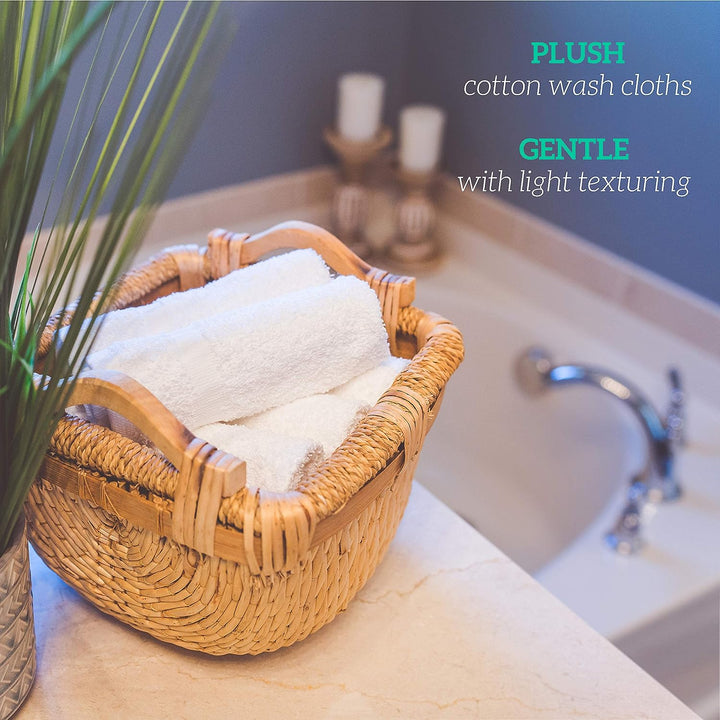 a basket of towels and a plant with text: 'PLUSH cotton wash cloths GENTLE with light texturing'