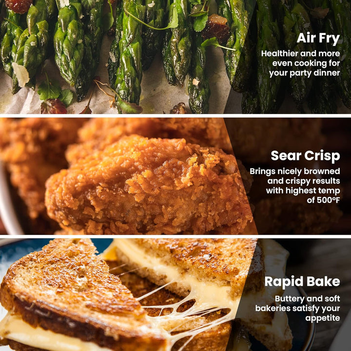 a collage of food with text: 'Air Fry Healthier and more even cooking for your party dinner Sear Crisp Brings nicely browned and crispy results with highest temp of Rapid Bake Buttery and soft bakeries satisfy your appetite'