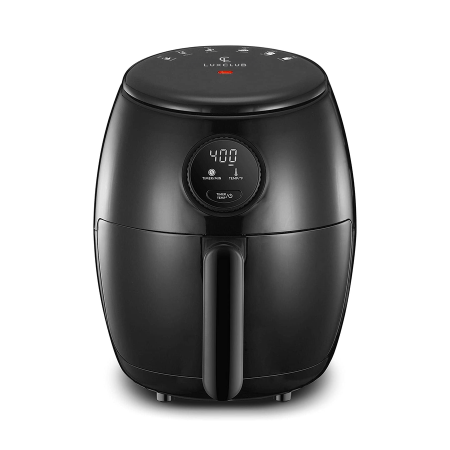 a black air fryer with a handle with text: 'LUXCLUB TIMER/MIN TIMER'