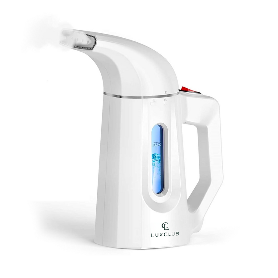 a white steam cleaner with a blue screen with text: 'MAX LUXCLUB'