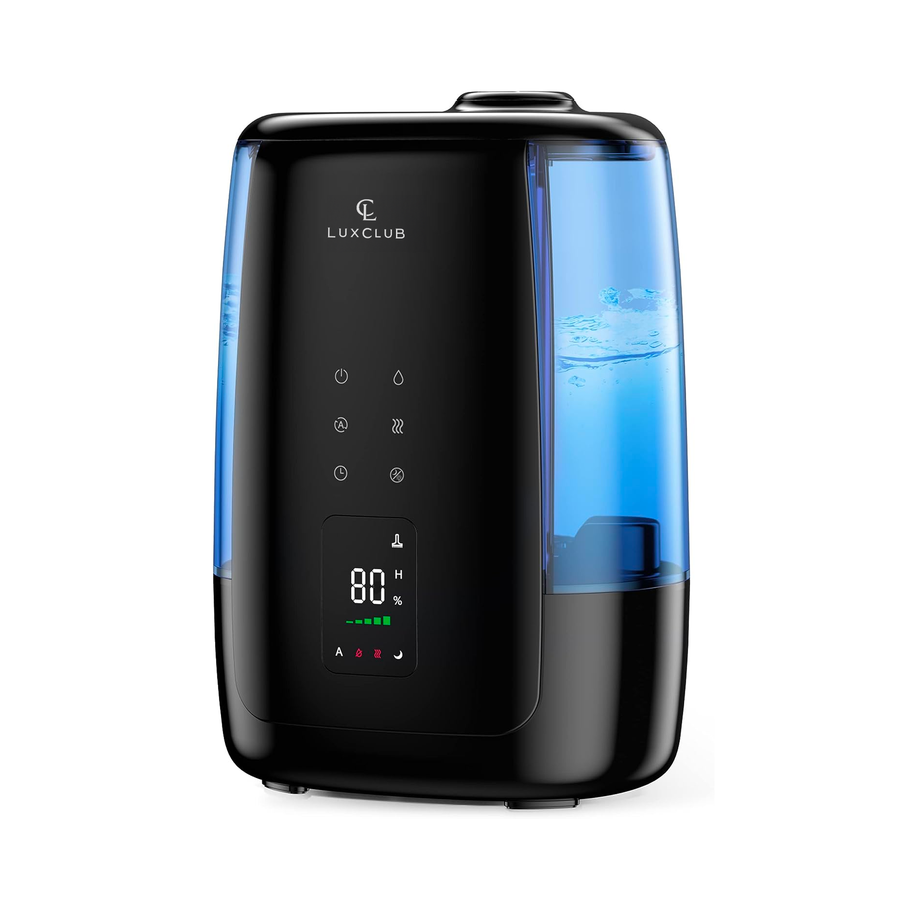a black and blue humidifier with text: 'LUXCLUB CA 222 T 80 H % A'