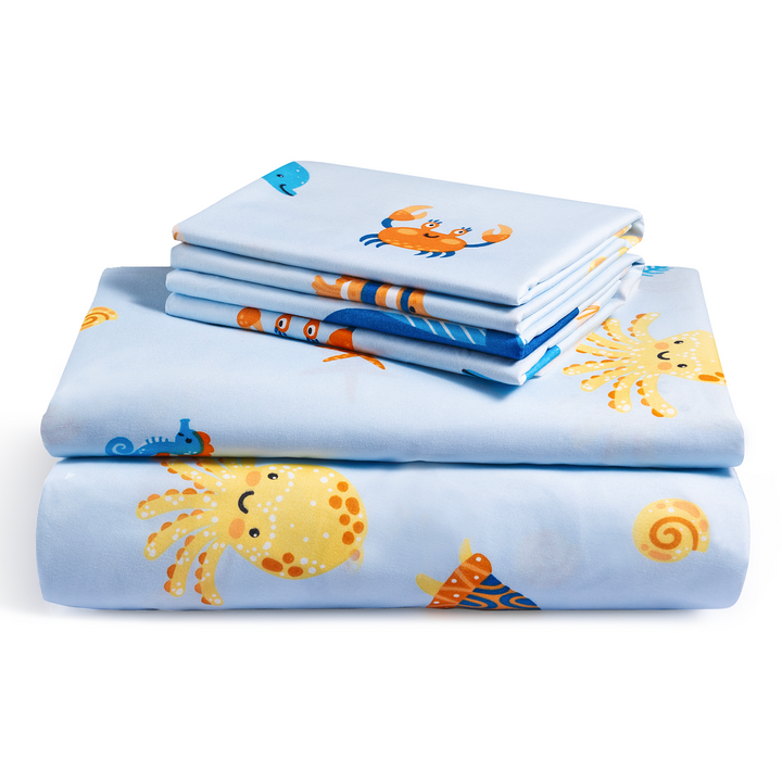 a stack of blue sheets with a crab design on it with text: '5'