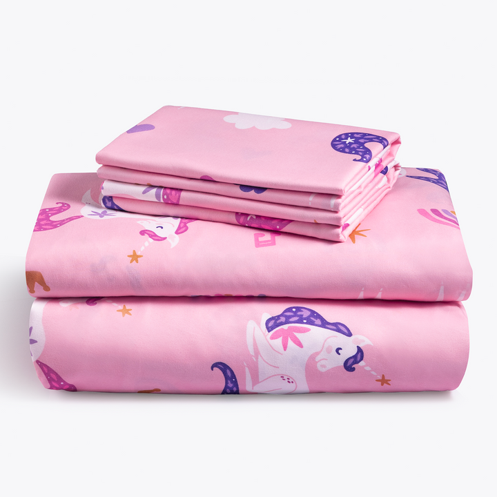 a stack of pink sheets