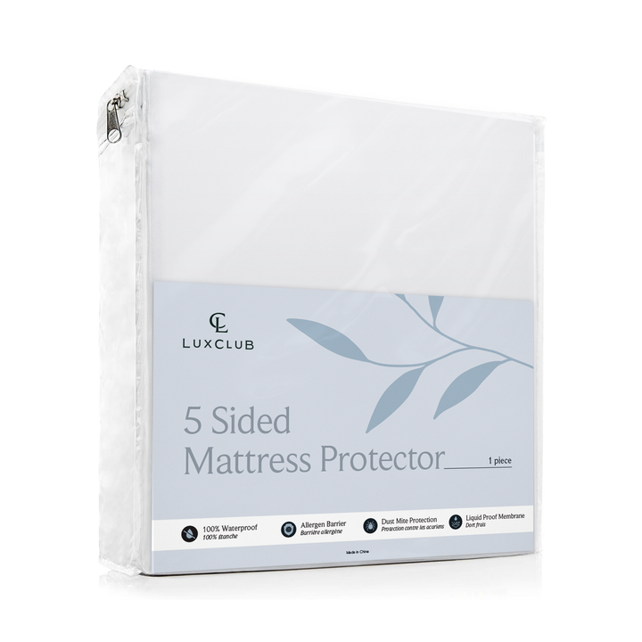 a white mattress protector with a logo on it with text: 'LUXCLUB 5 Sided Mattress Protector 1 piece 100% Waterproof Allergen Barrier Dust Mite Protection Liquid Proof Membrane # Barrière allergène Protection contre les acariens Dort frais 100% Étanche Made in'