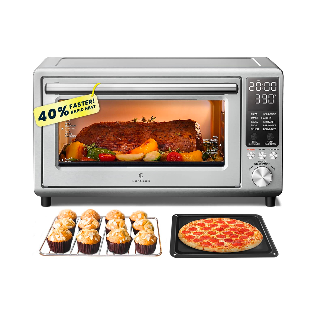 a silver microwave oven with food in it with text: '20:00 FASTER! PIZZA SEAR CRISP RAPID HEAT TOAST AIR FRY BAGEL AIR ROAST BROIL BAKE BROIL SEAR CRISP REHEAT DEHYDRATE EN PIZZA TIME SLICE/INCH AIR POWER LIGHT FUNCTION PID BAK PUSH TO REHEA START/PAUSE LUXCLUB'