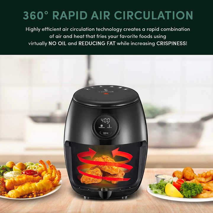 a black machine with food on a table with text: '360º RAPID AIR CIRCULATION Highly efficient air circulation technology creates a rapid combination of air and heat that fries your favorite foods using virtually NO OIL and REDUCING FAT while increasing CRISPINESS!'