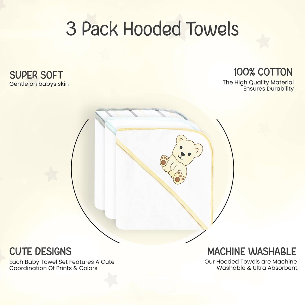 a three hooded towels with a teddy bear design with text: '3 Pack Hooded Towels SUPER SOFT 100% COTTON Gentle on babys skin The High Quality Material Ensures Durability CUTE DESIGNS MACHINE WASHABLE Each Baby Towel Set Features A Cute Our Hooded Towels are Machine Coordination Of Prints & Colors Washable & Ultra Absorbent.'