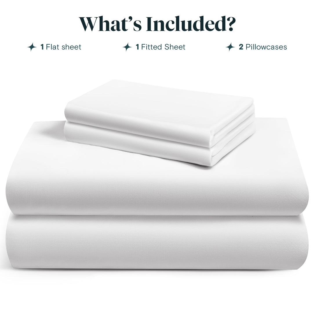 a stack of white sheets with text: 'What's Included? 1 Flat sheet 1 Fitted Sheet 2 Pillowcases'