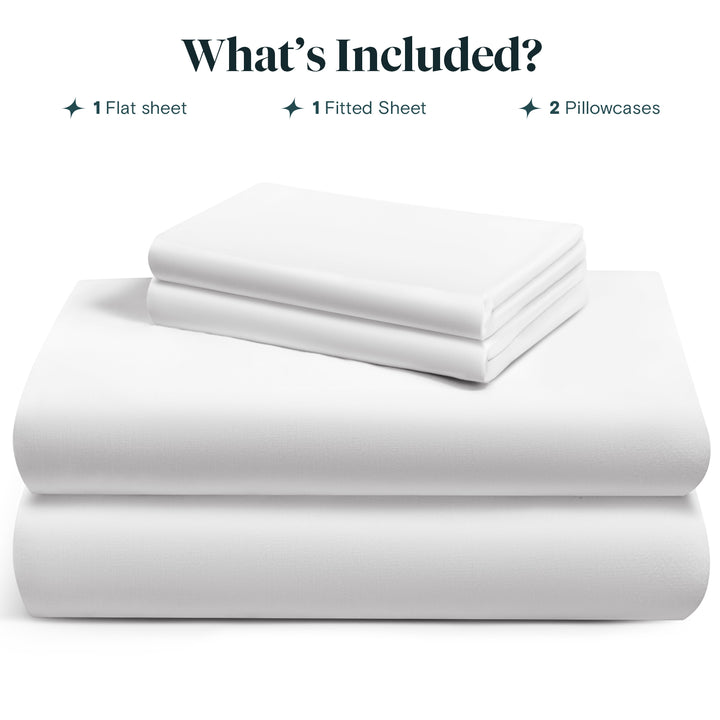 a stack of white sheets with text: 'What's Included? 1 Flat sheet 1 Fitted Sheet 2 Pillowcases'
