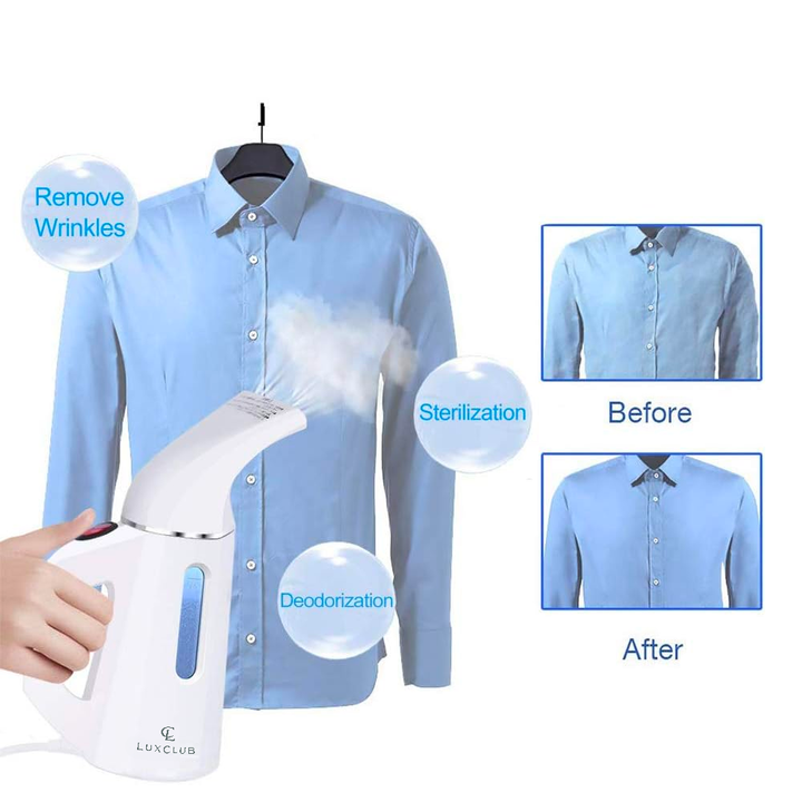 a person's hand holding an ironing device with text: 'Remove Wrinkles Sterilization Before Deodorization After LUXCLUB'