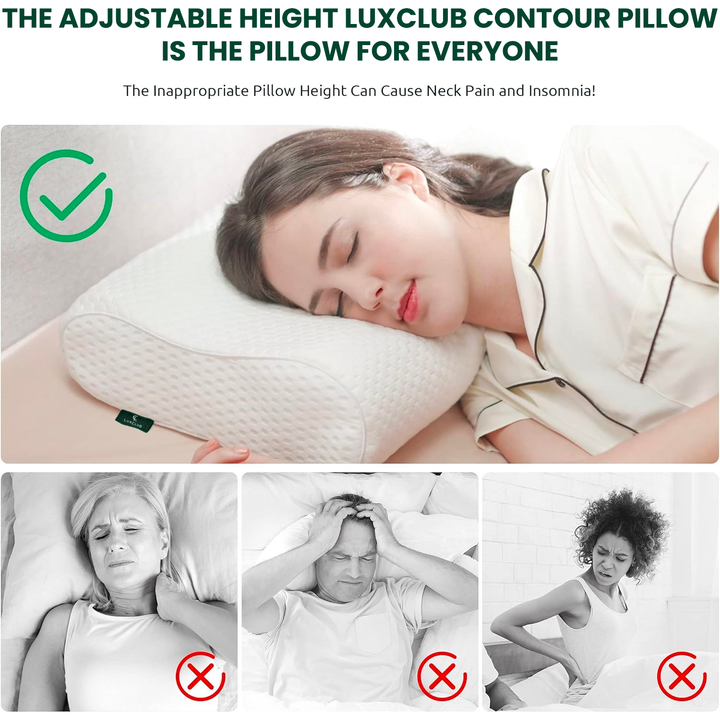 a collage of a person sleeping on a pillow with text: 'THE ADJUSTABLE HEIGHT LUXCLUB CONTOUR PILLOW IS THE PILLOW FOR EVERYONE The Inappropriate Pillow Height Can Cause Neck Pain and Insomnia! X X'