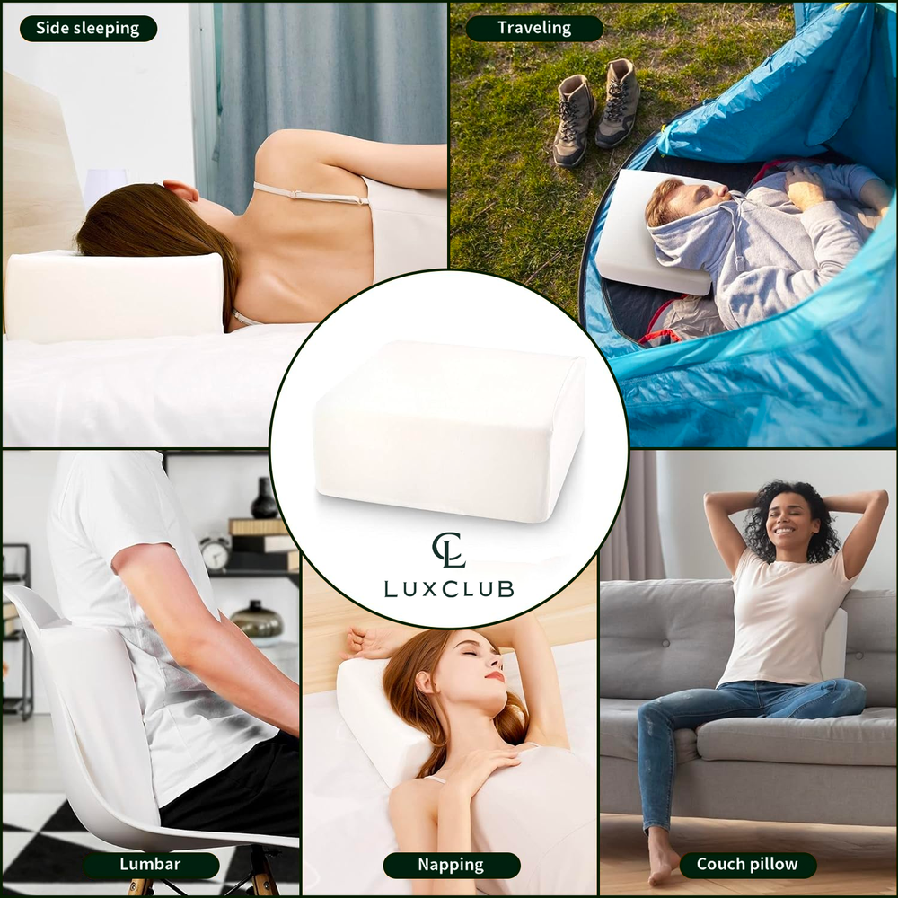 a collage of different images of people with text: 'Side sleeping Traveling LUXCLUB Lumbar Napping Couch pillow'