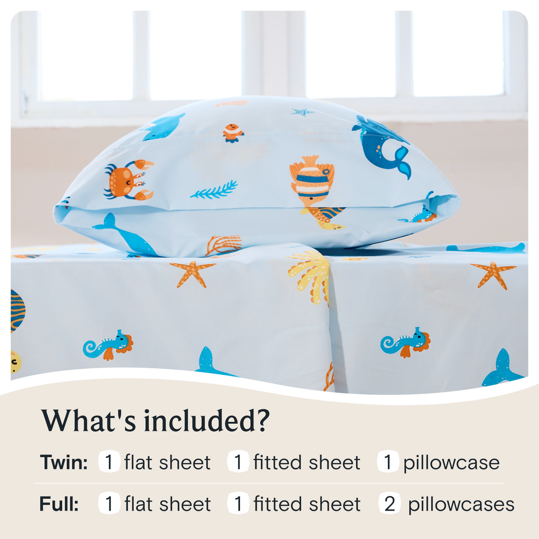 a pillow on a table with text: 'What's included? Twin: 1 flat sheet 1 fitted sheet 1 pillowcase Full: 1 flat sheet 1 fitted sheet 2 pillowcases'