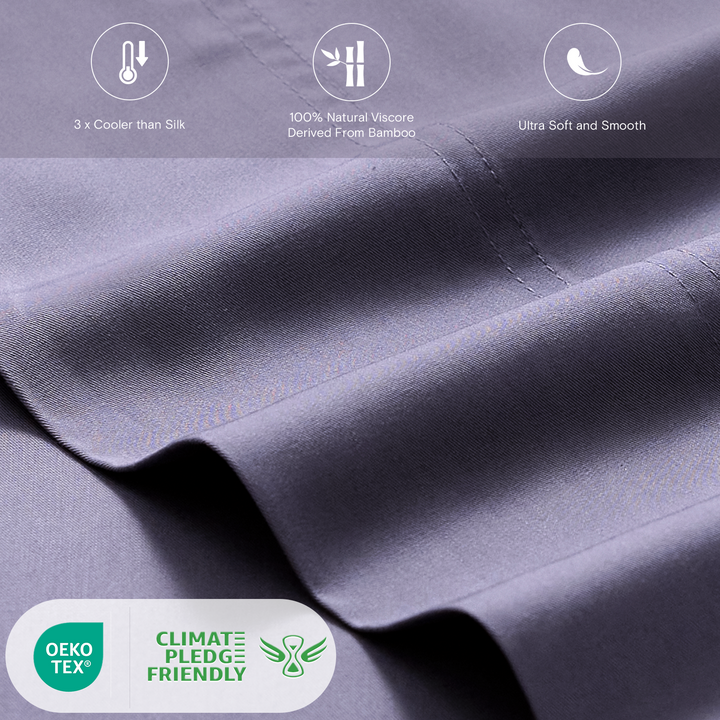 a close up of a fabric with text: '3 Cooler than Silk 100% Natural Viscore Derived From Bamboo Ultra Soft and Smooth OEKO CLIMAT: TEX® PLEDGE FRIENDLY'