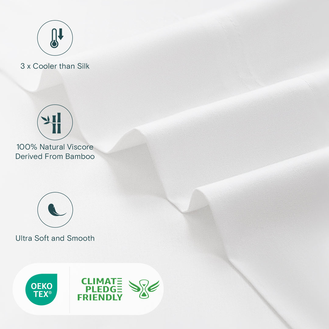 a close up of a white fabric with text: '3 Cooler than Silk 100% Natural Viscore Derived From Bamboo Ultra Soft and Smooth OEKO CLIMATE TEX® PLEDGE FRIENDLY'