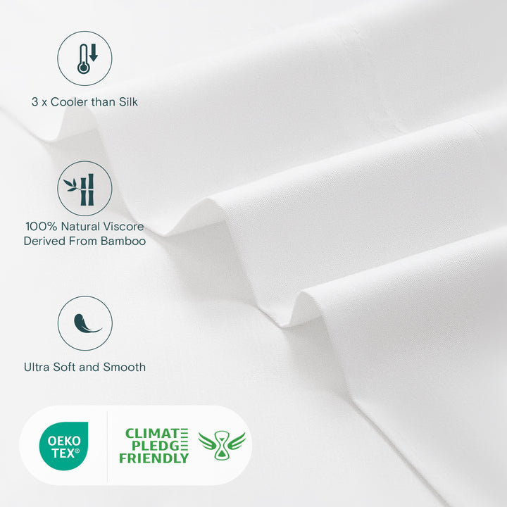 a close up of a white fabric with text: '3 Cooler than Silk 100% Natural Viscore Derived From Bamboo Ultra Soft and Smooth OEKO CLIMATE TEX® PLEDGE FRIENDLY'