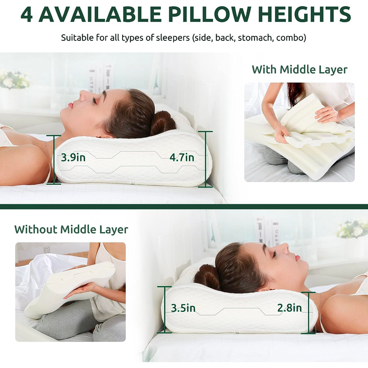 a collage of a person lying on a bed with a pillow with text: '4 AVAILABLE PILLOW HEIGHTS Suitable for all types of sleepers (side, back, stomach, combo) With Middle Layer 3.9in 4.7in Without Middle Layer 3.5in 2.8in'