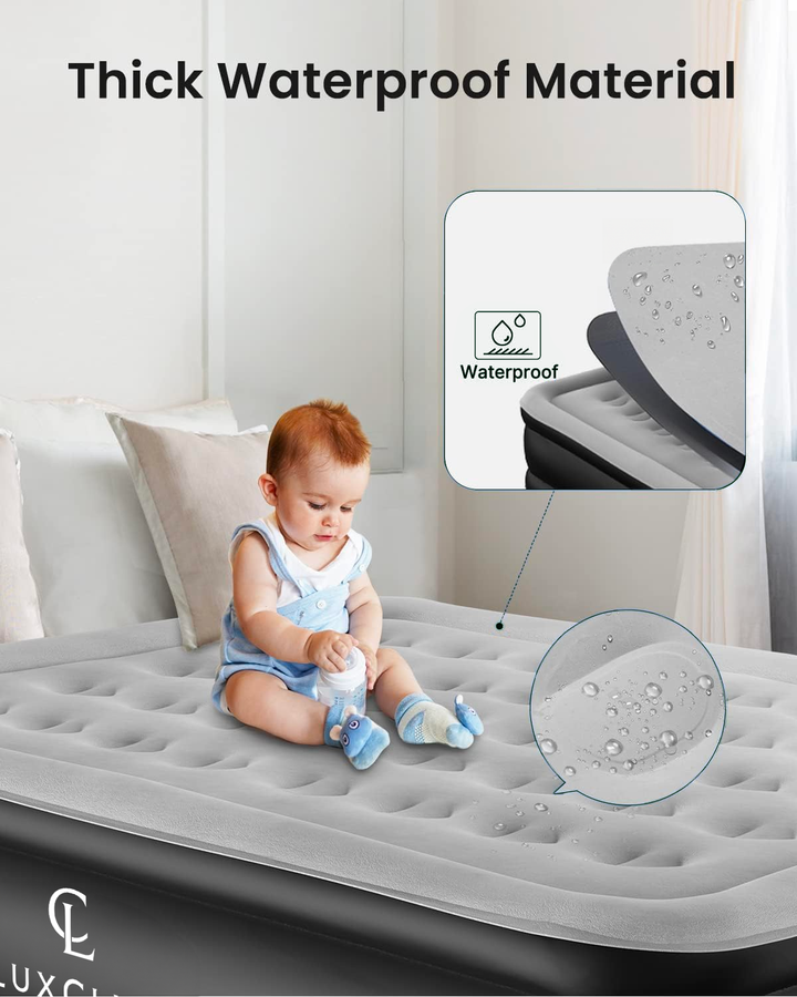 a baby sitting on a mattress with text: 'Thick Waterproof Material Waterproof'