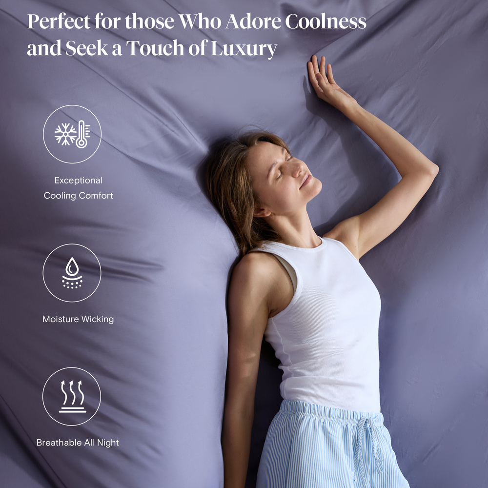a person lying on a bed with text: 'Perfect for those Who Adore Coolness and Seek a Touch of Luxury Exceptional Cooling Comfort Moisture Wicking Breathable All Night'