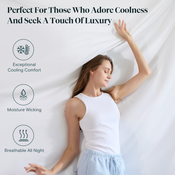 a person in pajamas leaning against a wall with text: 'Perfect For Those Who Adore Coolness And Seek A Touch Of Luxury Exceptional Cooling Comfort Moisture Wicking Breathable All Night'