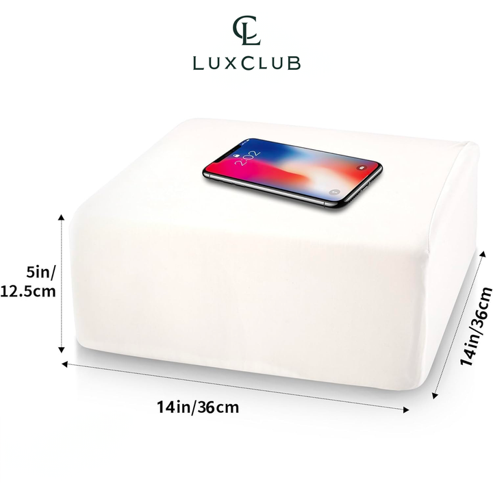 a cell phone on a white cube with text: 'LUXCLUB 2:02 5in/ 12.5cm 14in/36cm 14in/36cm'
