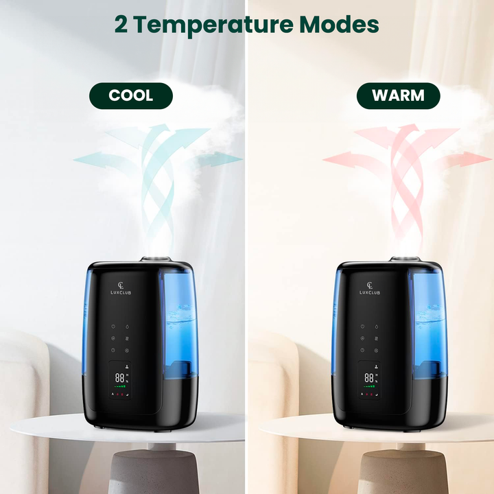 a comparison of a device with steam coming out of it with text: '2 Temperature Modes COOL WARM LUXCLUB LUXCLUB 222 T T A'