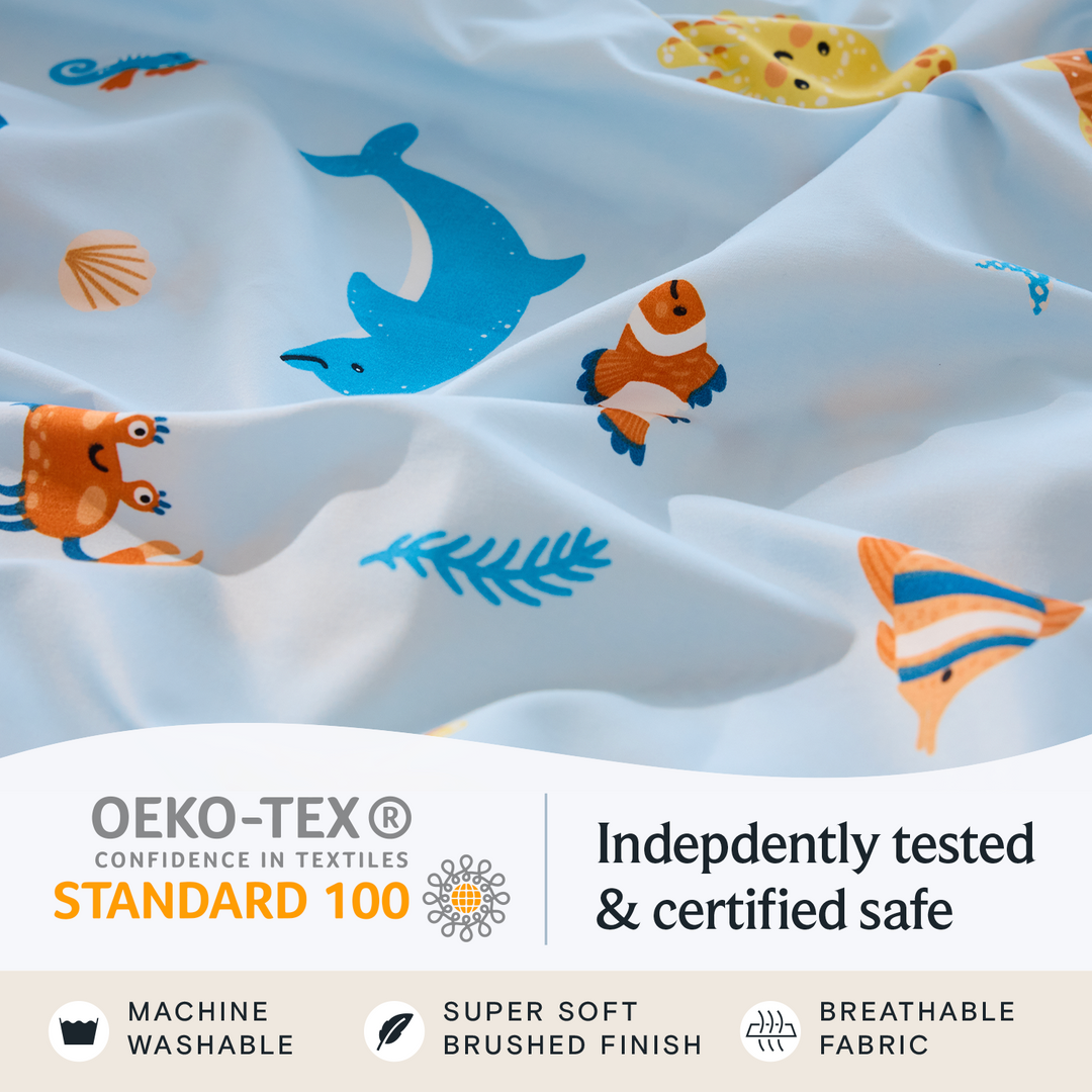 a close up of a blanket with text: 'OEKO-TEX Indepdently tested CONFIDENCE IN TEXTILES STANDARD 100 & certified safe MACHINE SUPER SOFT BREATHABLE WASHABLE BRUSHED FINISH FABRIC'